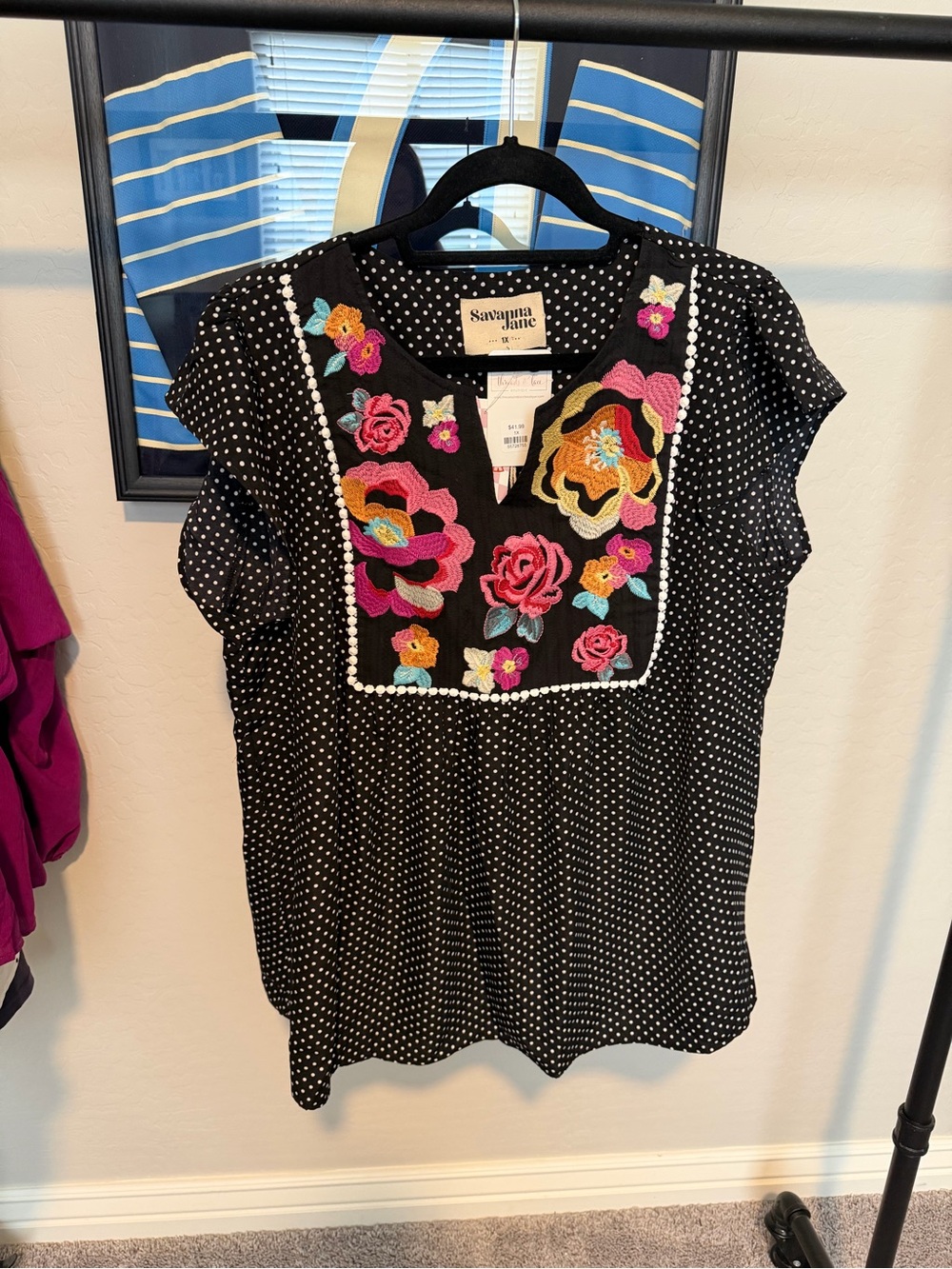 Savanna Jane Black Polka Dot Embroidered Floral Tunic